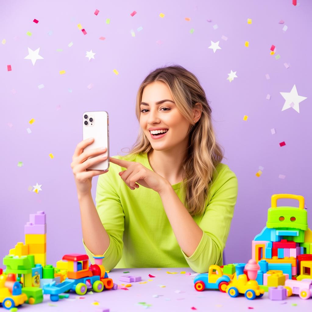 Criadora de conteúdo gravando vídeo com brinquedos da Brincamania